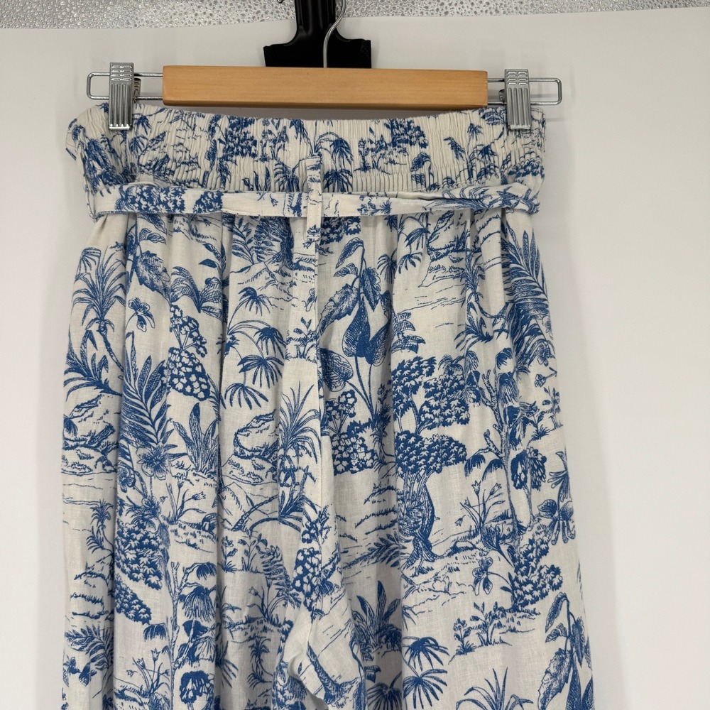 Nicole Miller Linen Blend Wide Leg Pants Women L Blue Toile Coastal Beach Preppy - Picture 6 of 15